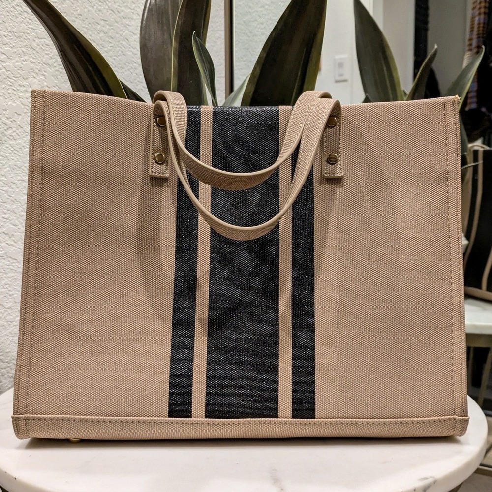 Moda Luxe Zaria Striped Tote Bag Tan Black Pebbled Leather Top Handle Bag